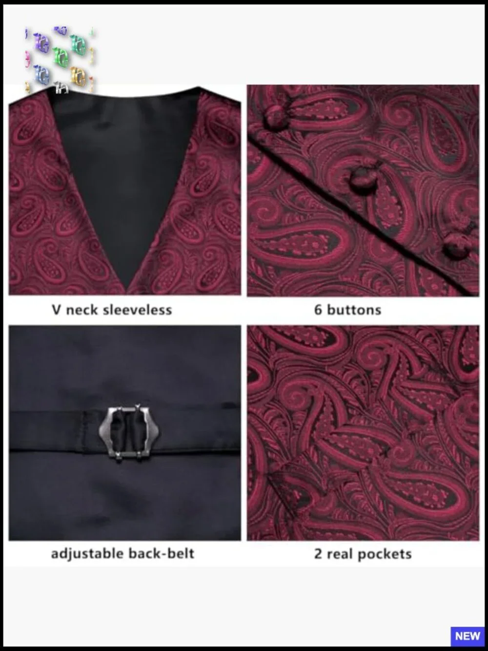 Men's Formal Vest and Tie Set Paisley Floral V-Neck Waistcoat Lapel Pin Clip